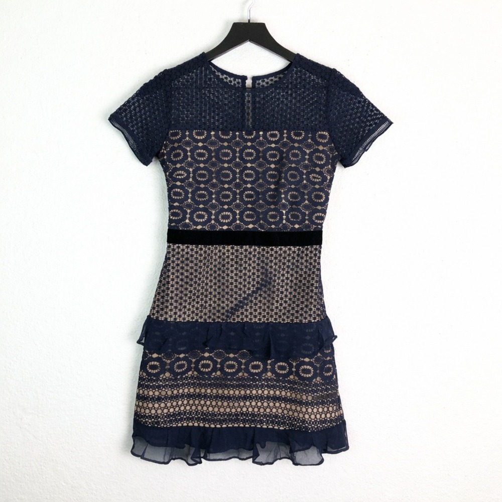 Lucy Paris Lace Mini Dress Women Navy Blue Cream Medium Crochet Ruffle Tiered